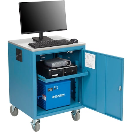 Global Industrial Mobile Powered Audio Visual Cart w/ Lockable Cabinet, 480WH Battery, Blue 241659PBL40