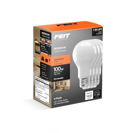 Feit Electric Feit A19 E26 Medium LED Bulb Soft White 100 Watt Equivalence, 4PK A100/927FIL/4GB