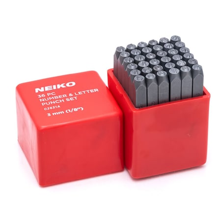 Neiko Number and Letter Punch Set with Heat-Treated Steel Punches, 1/8", 3 MM Shaft, 36 Pc Stamp Set 02631A