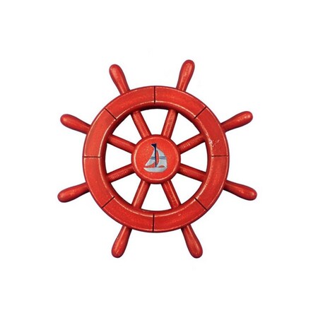 Handcrafted Decor Rustic All Red Decorative Ship Wheel with Sailboat- 12 in. Rustic-All-Red-SW-12-Sailboat