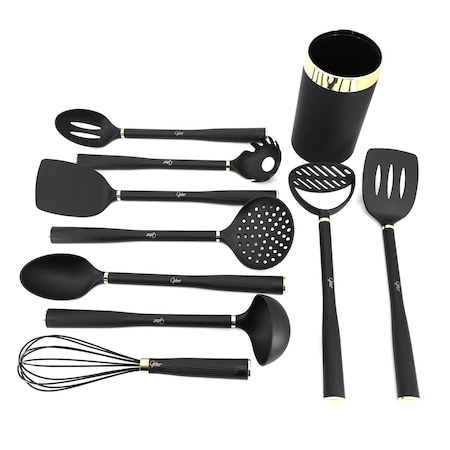 Gibson Home Hampsbridge 10 Piece Nylon Kitchen Tool Set and Utensil Crock in Black and Gold 138516.1