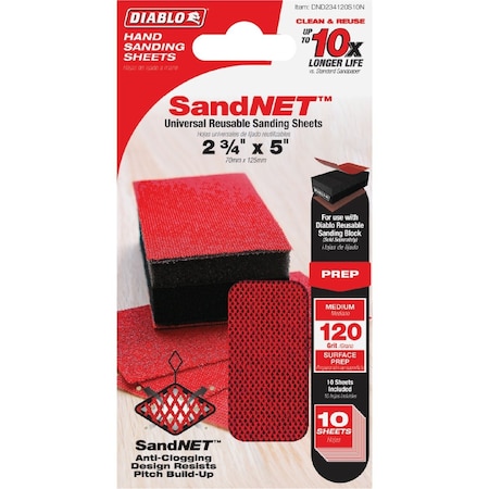 Diablo SandNET 2-3/4'' x 5'' 120-Grit Reusable Hand Sander Refill Sheets, 10PK DND234120S10N