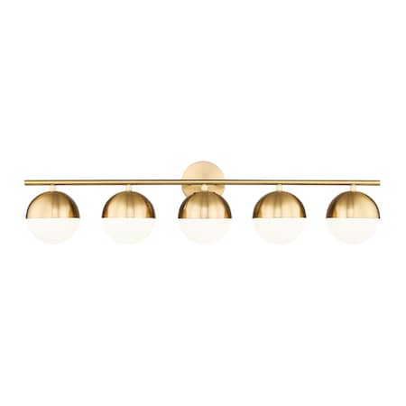 Z-Lite Realm Sphere 5 Light Vanity, Modern Gold/Matte Opal, 40 In W x 9.75 In H 7517-5V-MGLD