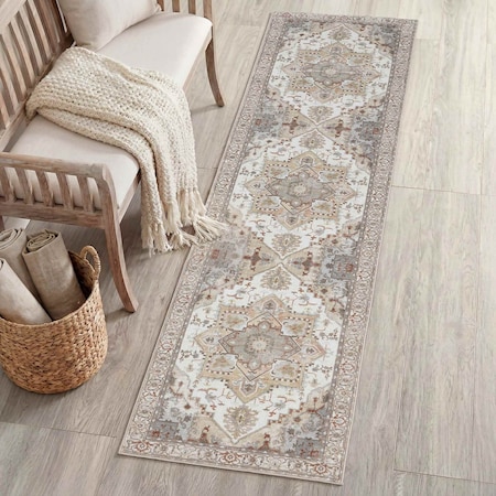 Jonathan Y Sersi Ornate Large Medallion Border Non-Slip Machine-Washable Beige/Cream 2 ft. x 8 ft. Runner Rug WSH505H-28