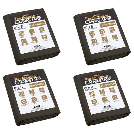 Mytee Products 4PK 6'x8ft Fire Retardant Canvas Tarp w/Aluminum Grommets - 16 oz, Olive Green, 4PK FRCT6-8-OGx4