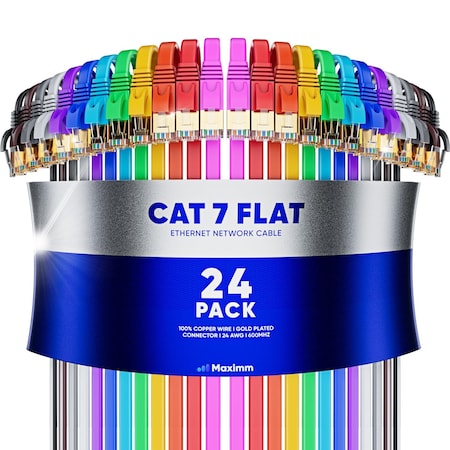 Maximm 1ft Cat7 Flat Shielded Ethernet Cable 10Gbps RJ45, 24PK, Pink, 24PK CAT7F-1FT-MULTI-24PK