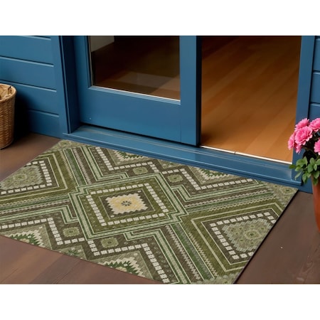 Homeroots 3' X 5' Olive Green Gray And Ivory Tribal Washable Indoor Outdoor Area Rug 598142