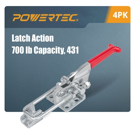 Powertec Toggle Clamp, 700 lbs Cap., 431 Adj. U Bolt Latch, Antislip Hand Grip20307-P4, 4PK 20307-P4N