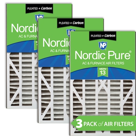 Nordic Pure 16x25x3 Plus Carbon Pleated Air Filter, High Capacity, MERV 13, 3 PK 16x25x3ABM13+C-3