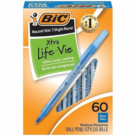 Bic Round Stic® Xtra Life Ball Pen, Blue, 60 Per Pack, PK2 GSM609BE