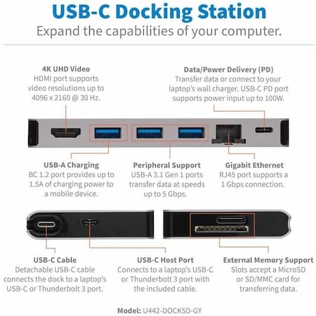 Eaton Tripp Lite Series USB-C Dock - 4K HDMI, USB 3.x 5Gbps, USB-A/C Hub Ports, GbE, Memory Card,  U442-DOCK5D-GY