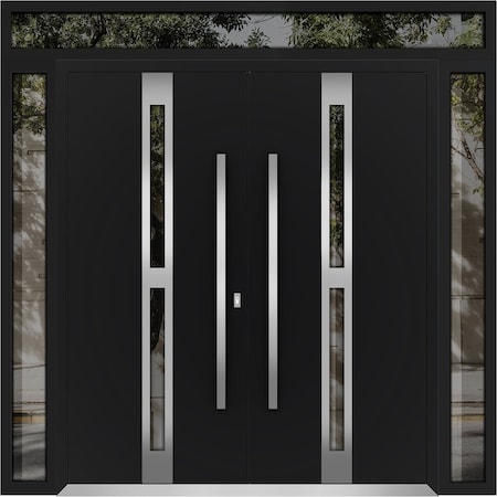 Vdomdoors Metal Double Doors Deux 1755 Black Enamel Opaque Black Glass 2 Sidelights and Top Transom Entry Mod DEUX1755DEXD-BLK-W12+72+12xH80+16-RH-I