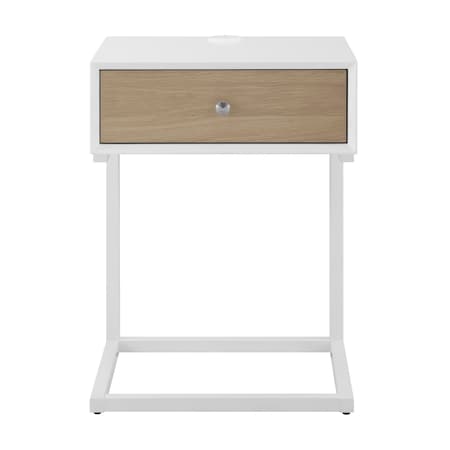 Homeroots 25" White Wood and Steel Frame End Table With Drawer And USB Port 654013