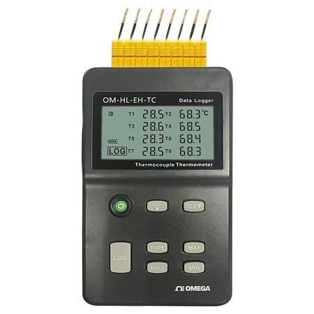 Omega Thermocouple Thermometer/Data Logger, Handheld, K-type, Battery, 8-CH, OM-HL-EH Series, Each OM-HL-EH-TC-K-CAL