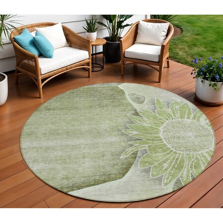 Homeroots 8' Artichoke Green And Gray Round Floral Washable Indoor Outdoor Area Rug 582232