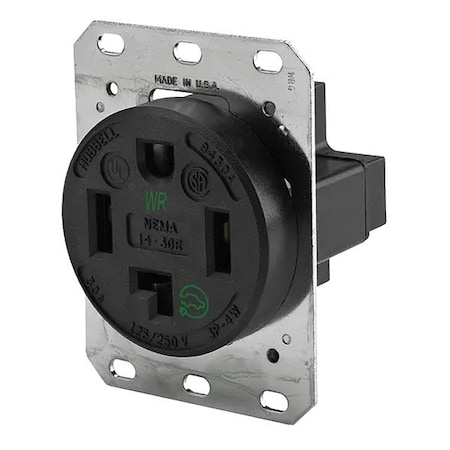 Hubbell Wiring Device-Kellems Straight Blade Receptacle, 14-30R, 30 A, 125/250V AC, 3 Pole, 4 Wire, Flush Mount, Grounded HBL9430A