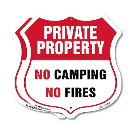 Signmission Private Property Shield Sign No Camping, 18 inch X 18 inch, Plastic Sign, 2PK SHI-P-2PACK-18-441