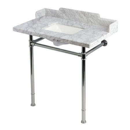 Kingston Brass 36-Inch Carrara Marble Console Sink with Stainless Steel Legs, 8-Inch, 3-Hole KMS36227M8SQ1