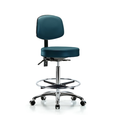 Blue Ridge Ergonomics Vinyl Stool, Back, Chrome, High Bench, Foot Ring, Casters, Royal BR-VHBST-CR-T0-CF-CC-8801