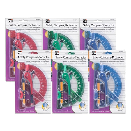 Charles Leonard Safety Compass & 6" Swing Arm Protractor, Assorted Colors, 6PK 80965-6