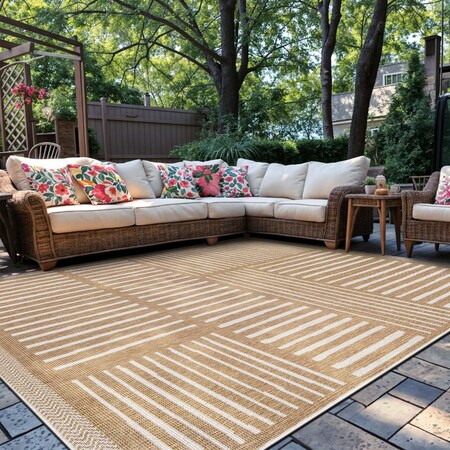 World Rug Gallery Contemporary Stripe Weather Resistant Reversible Indoor/Outdoor Rug 7 ft 10 in x 10 ft Natural WR113NATURAL8X10