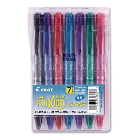 Pilot FriXion Ball Clicker Erasable Gel Pen, Retractable, Extra-Fine 0.5 mm, Assorted Colors, 7PK PIL32509