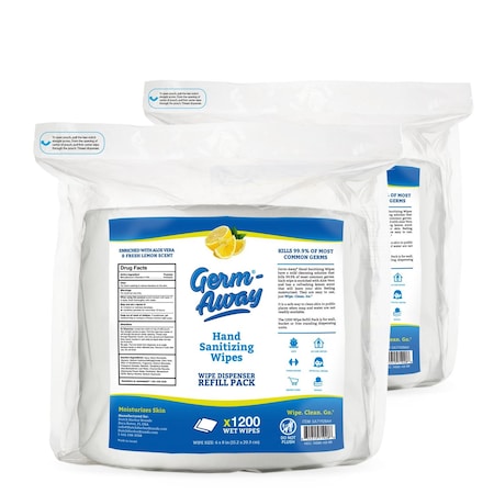 Germ-Away Sanitizing Hand Wipes 1200ct Bulk Refill, Lemon, Alcohol-free, Antibacterial w/ Aloe 2400 Wipes, 2PK GA71928AH-2