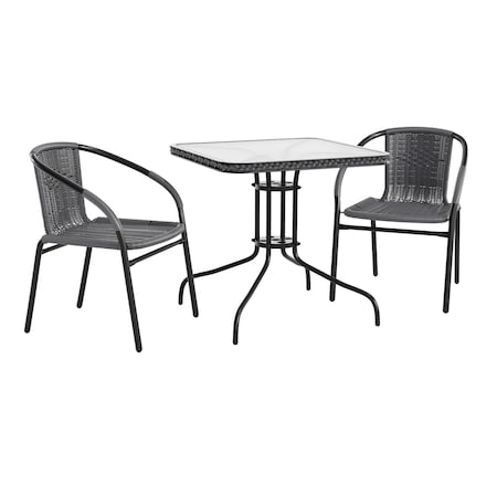 Flash Furniture Square Metal Table, Sqr w/Rattan Chairs, Gray, 28", Aluminum, Glass, Metal, Plastic, Rattan, Clear TLH-073SQ-037GY2-GG