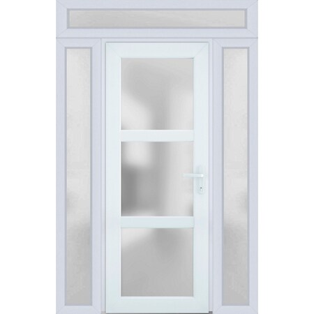 Vdomdoors Front Exterior Prehung FiberGlass Door Frosted Glass / Manux 8552 White Silk / 2 Sidelight and Tran MANUX8552EXD-WS-W14+36+14 x H80+14-RH