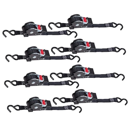 Mytee Products 1in x 12ft Auto Retractable Ratchet Straps with Coated S Hook, 8PK RS112Rx8