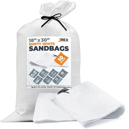 Jrex Safety Woven White Polypropylene Sandbags - 18 x 30 in, 100 lb Capacity, 10PK SBW-JR-1830-10PK