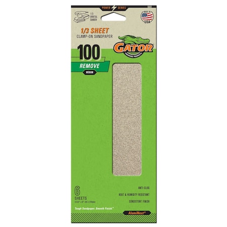 Gator Finishing 1/3 Sheet Clamp-On Sandpaper, 100 Grit, 6PK 5042