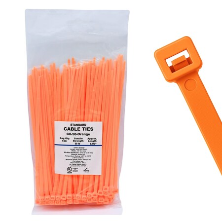 Cable Ties Unlimited Cable Tie, 8 in L, 50 lb Strength, 2.2 in Max Bundle Dia, Nylon 6/6, Orange 100PK C8-50-Orange