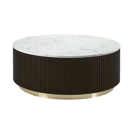 Homeroots 35" White Espresso and Gold Faux Marble Solid Wood and Steel Round Drum Coffee Table 714207