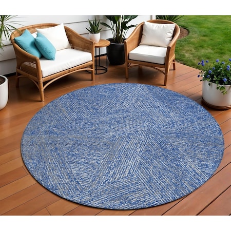 Homeroots 8' Navy Blue Gray And Ivory Round Abstract Washable Indoor Outdoor Area Rug 597030