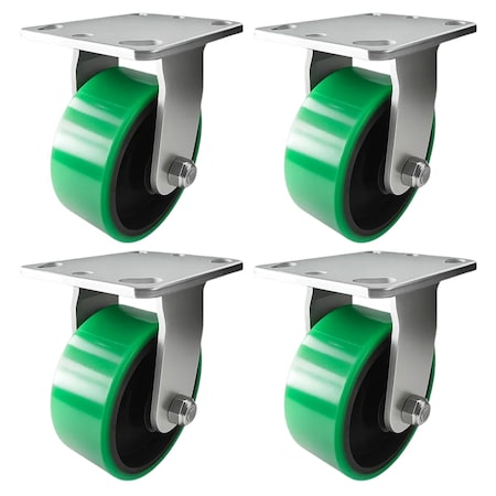 Hyw Products Heavy Duty Caster Set 5in Green Polyurethane on Cast Iron Wheels, 4 Rigid, 4PK 40-50R-A1-PC-4 (G)