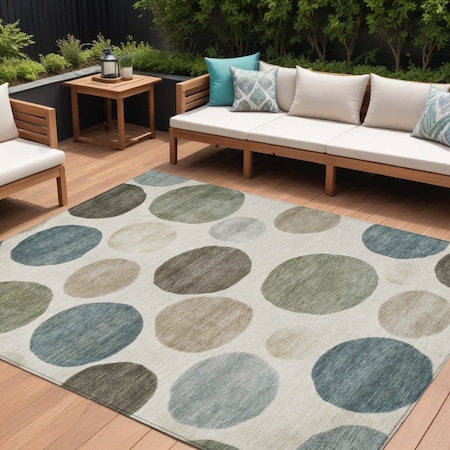 Homeroots 10' X 14' Ivory Fern Green And Teal Blue Geometric Washable Indoor Outdoor Area Rug 630578