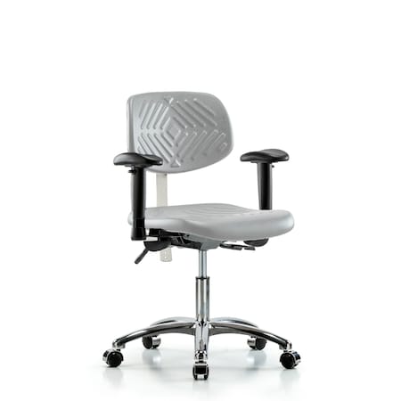 Blue Ridge Ergonomics Class 100 Poly Clean Room Chair-Desk Height with Seat Tilt, Adjustable Arms, & Casters in Gray Poly NCR-PDHCH-CR-T1-A1-CC-GRY