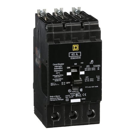 Square D Miniature Circuit Breaker, E FRAME Series, 45A, 3 Pole, 277/480V AC, 65kA at 120V AC EGB34045