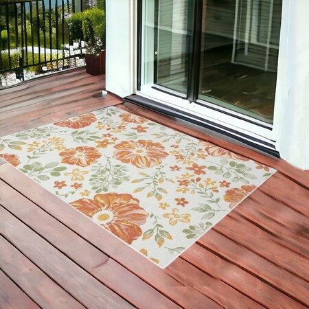 Homeroots 2' X 3' Ivory Green and Orange Floral Stain Resistant Indoor Outdoor Area Rug 548894