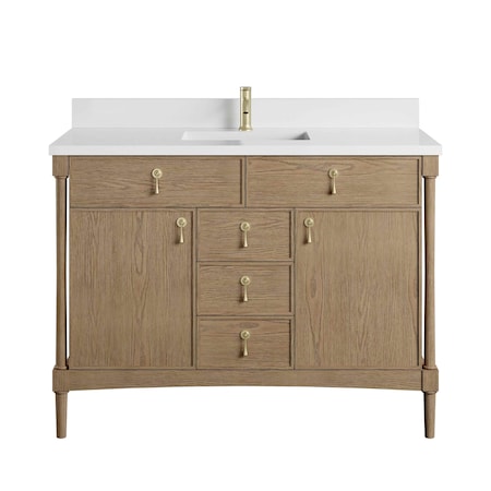 James Martin Vanities Kinnsden 48" Sgl Vanity, Weathered Oak, Sgl Hole 3 CM Wht Zeus Silestone Top and Matching Backsplash D680-V48-WTO-1WZ