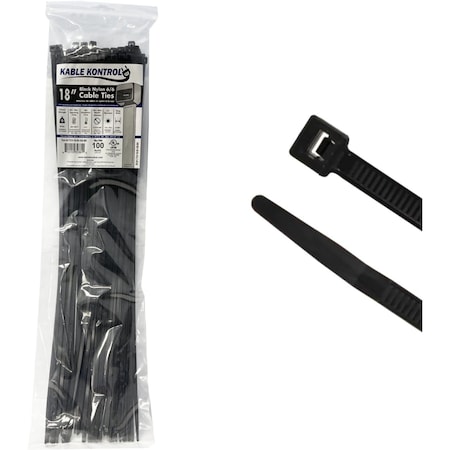 Kable Kontrol Black Cable Zip Ties - UV Resistant, 18 in L, Black, Nylon 6-6, 50 lbs Strength, 100 PK CTUV-18-50-100-BK