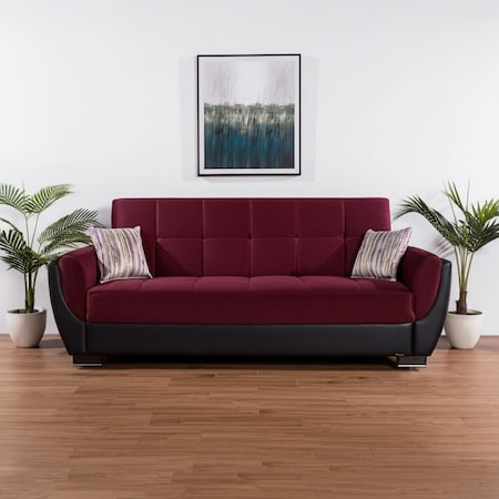 Homeroots 93" Burgundy Microfiber And Faux Leather Convertible Futon Sleeper Sofa And Toss Pillows w/Storage 607163