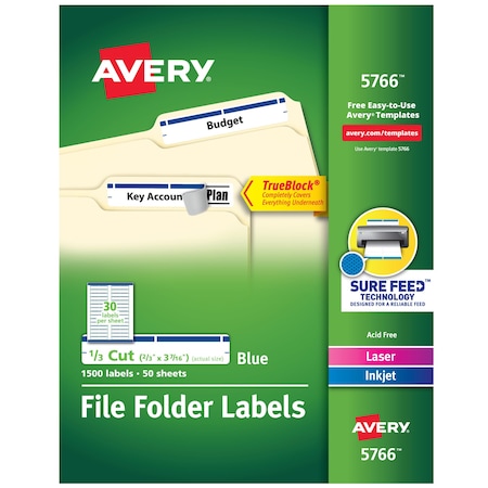 Avery TrueBlock File Folder Labels, 2/, PK1500 5766