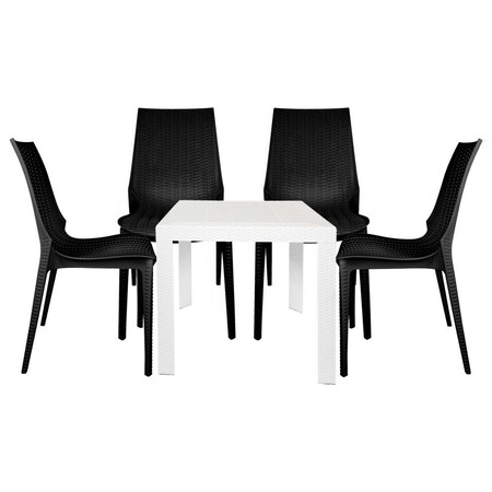 Leisuremod Kent 5-Piece Outdoor Dining Set with Dining Table and Dining Chairs, White/Black KC19BMT31W4
