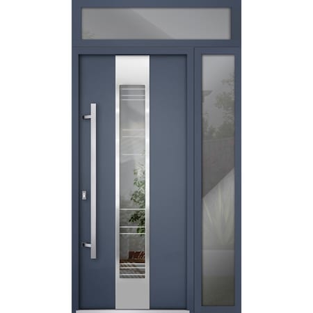 Vdomdoors Steel Door Deux 5755 Gray Graphite Sidelight and Transom Window Stainless Inserts Single Modern Pai DEUX5755EXD-GRE-W36+12 x H80+16-Right-hand Inswing