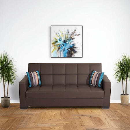 Homeroots 87" Brown Faux Leather Convertible Futon Sleeper Sofa And Toss Pillows With Storage 607089