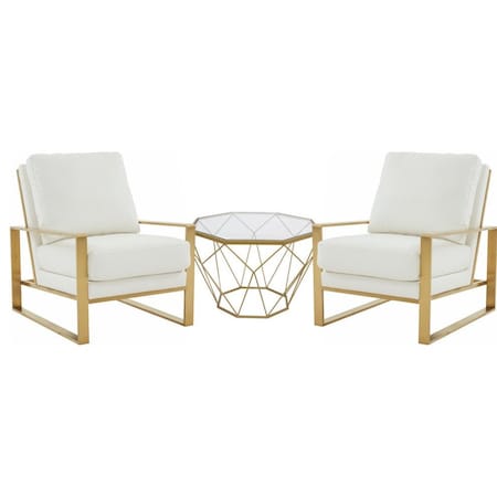 Leisuremod Jefferson Leather Armchair with Gold Frame and Octagon Coffee Table with Geometric Base, White JAG29MD23W2-L