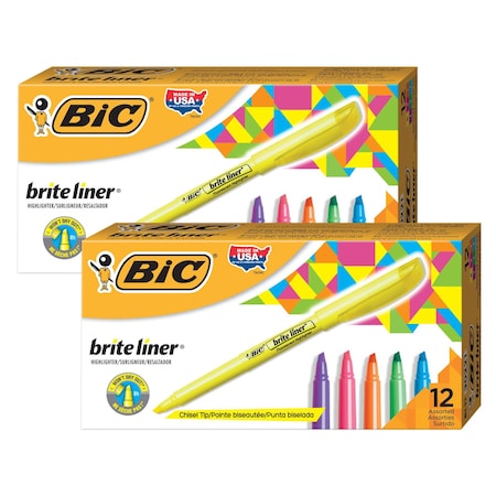 Bic Brite Liner Highlighters Markers, Assorted Colors, Chisel Tip, 24PK BL11-AST
