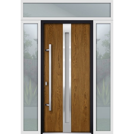 Vdomdoors Steel Door Deux 1744 Natural Oak 2 Sidelight and Transom White Window Stainless Inserts Single Mode DEUX1744EXD-OAKW-W16+36+16xH80+16-RH-O
